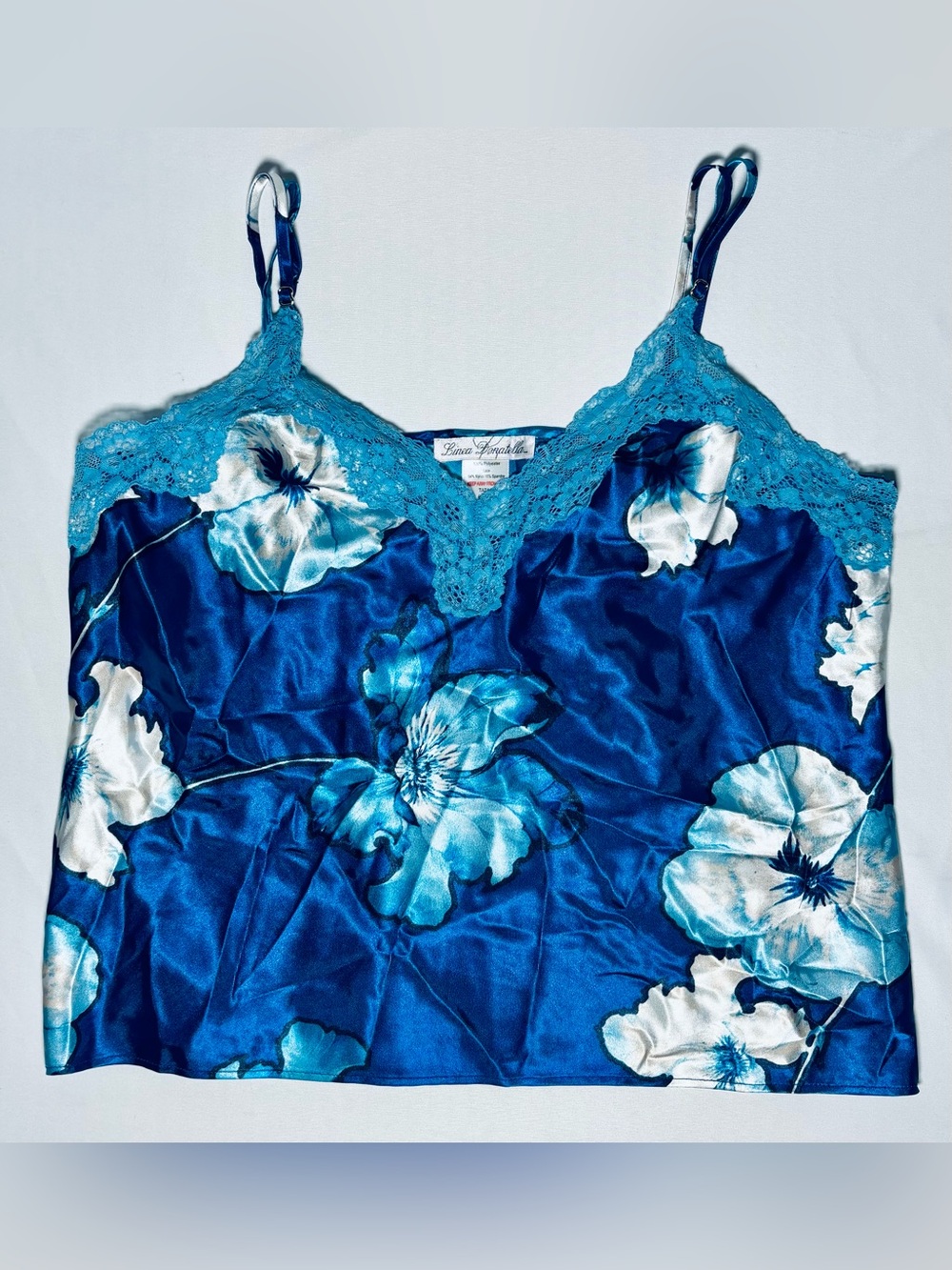 Linea Donatella Blue Floral Lace Trim Satin Pajama Tank Women's L Excellent